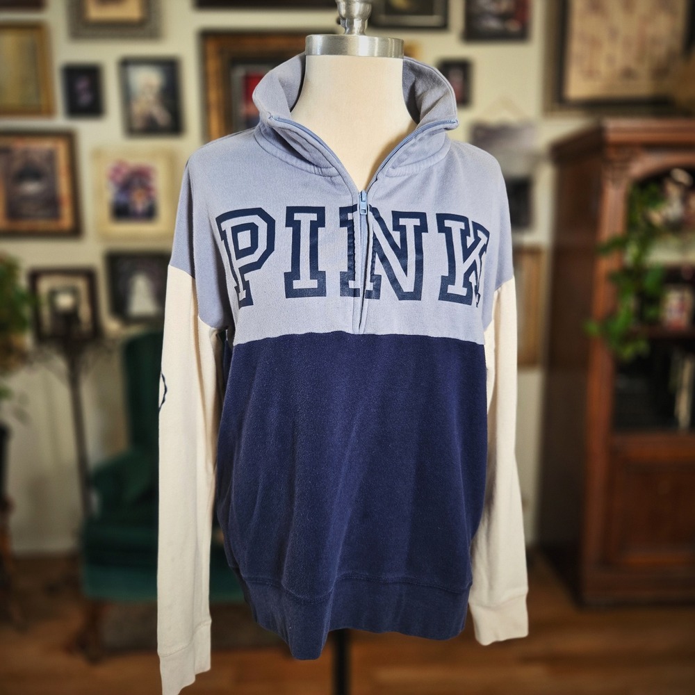 PINK by‎ Victoria's Secret Colorblock Quarter Zip Sweatshirt Pullover Navy Blue